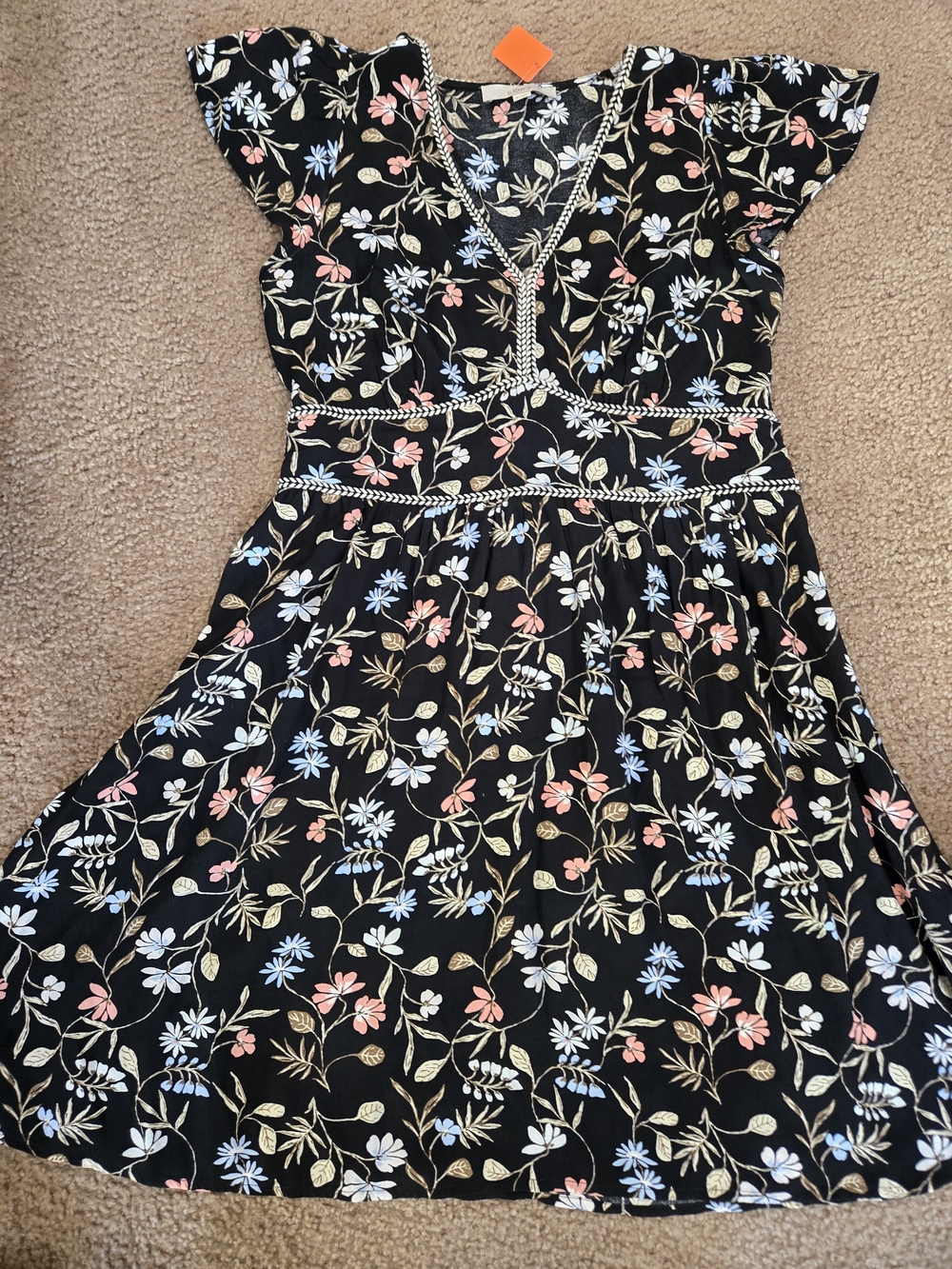LOFT Black Floral V-Neck Dress with Pink, Blue & Cream Blossoms